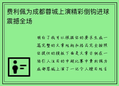 费利佩为成都蓉城上演精彩倒钩进球震撼全场 费利佩为成都蓉城上演精彩倒钩进球震撼全场
