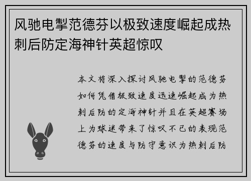 风驰电掣范德芬以极致速度崛起成热刺后防定海神针英超惊叹 风驰电掣范德芬以极致速度崛起成热刺后防定海神针英超惊叹
